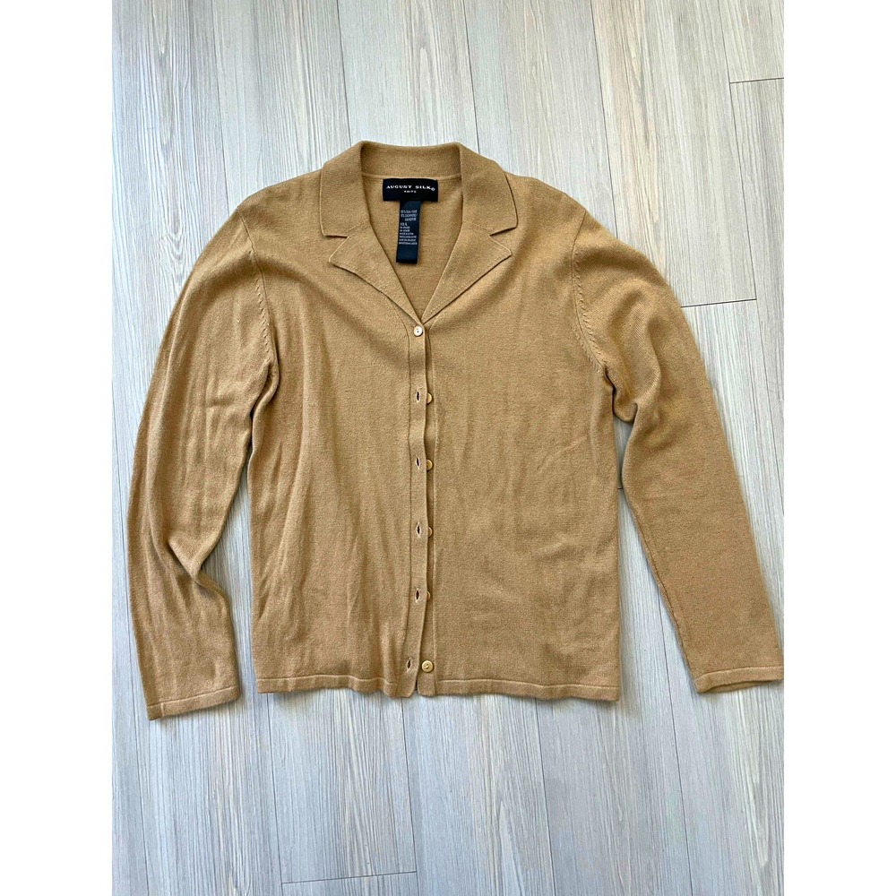 August Silk Beige Solid Knit Collared Button Front Silk Cashmere Cardigan Size L